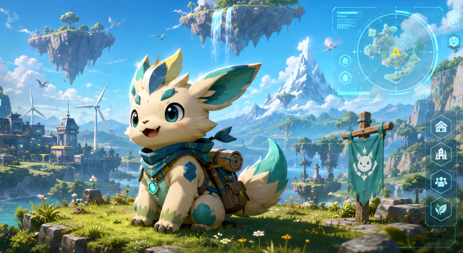 Original fantasy creature overlooking a colorful floating-island world